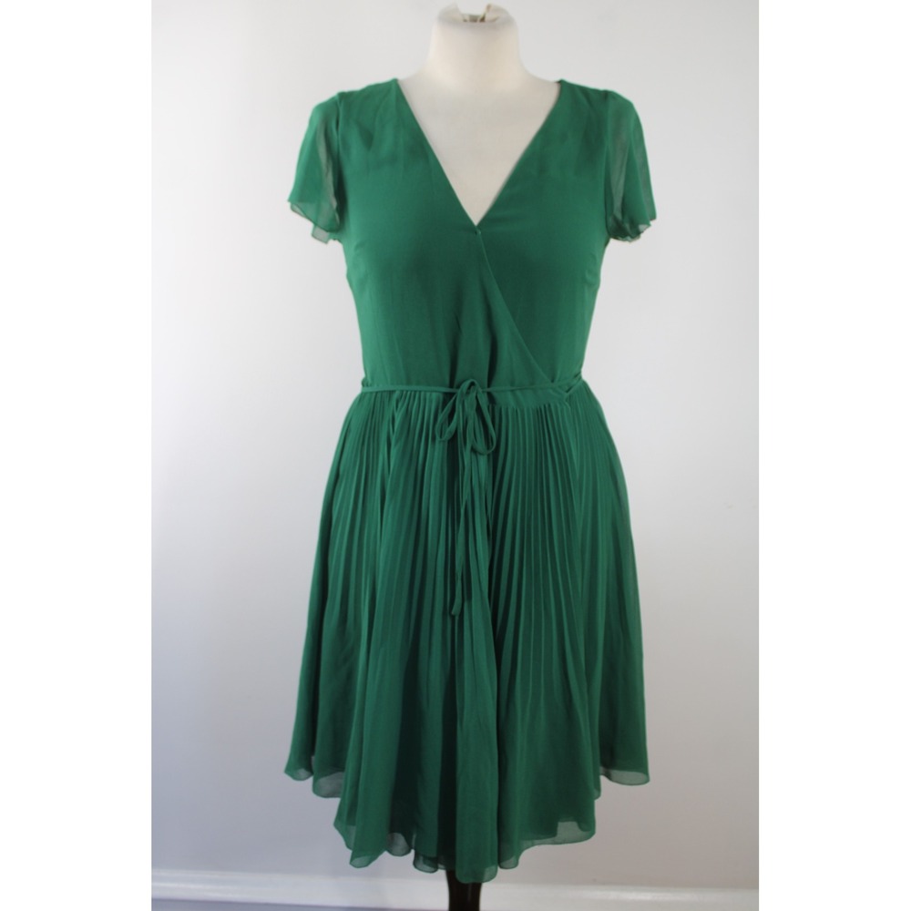 Wilfred Aritzia S Green Pleated Wrap Midi Dress V-Neck Short Sleeve 71222